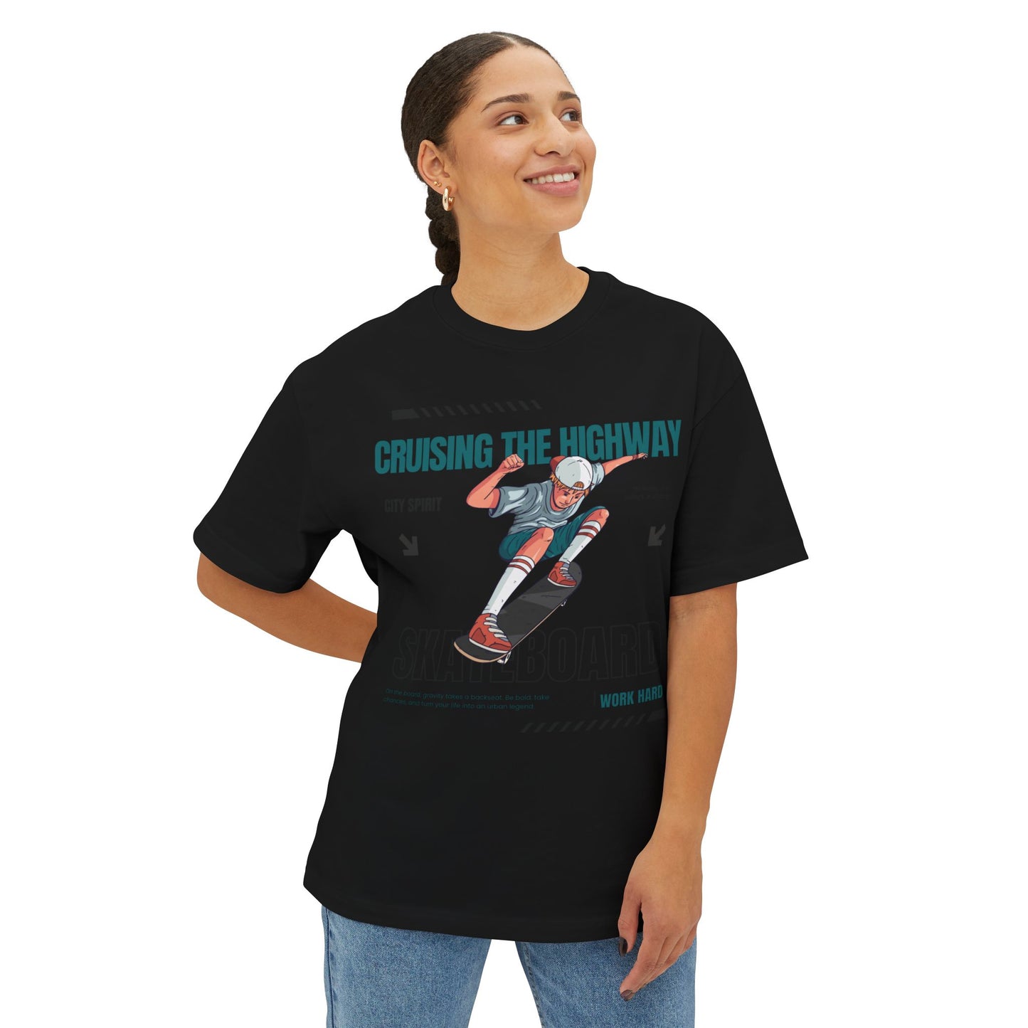 Unisex Oversized Boxy Tee - 'Cruising the Highway' Skateboard Graphic Tee