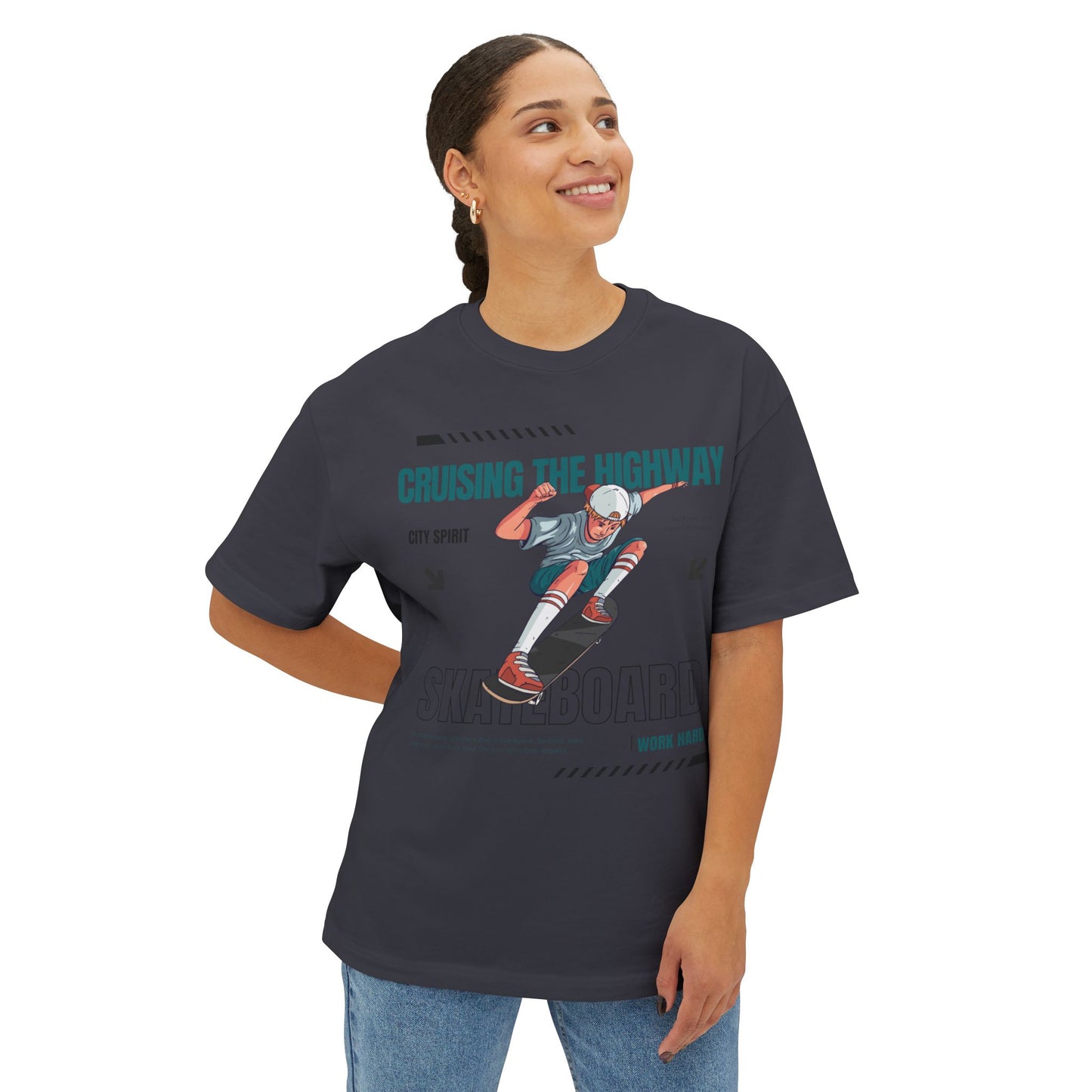 Unisex Oversized Boxy Tee - 'Cruising the Highway' Skateboard Graphic Tee